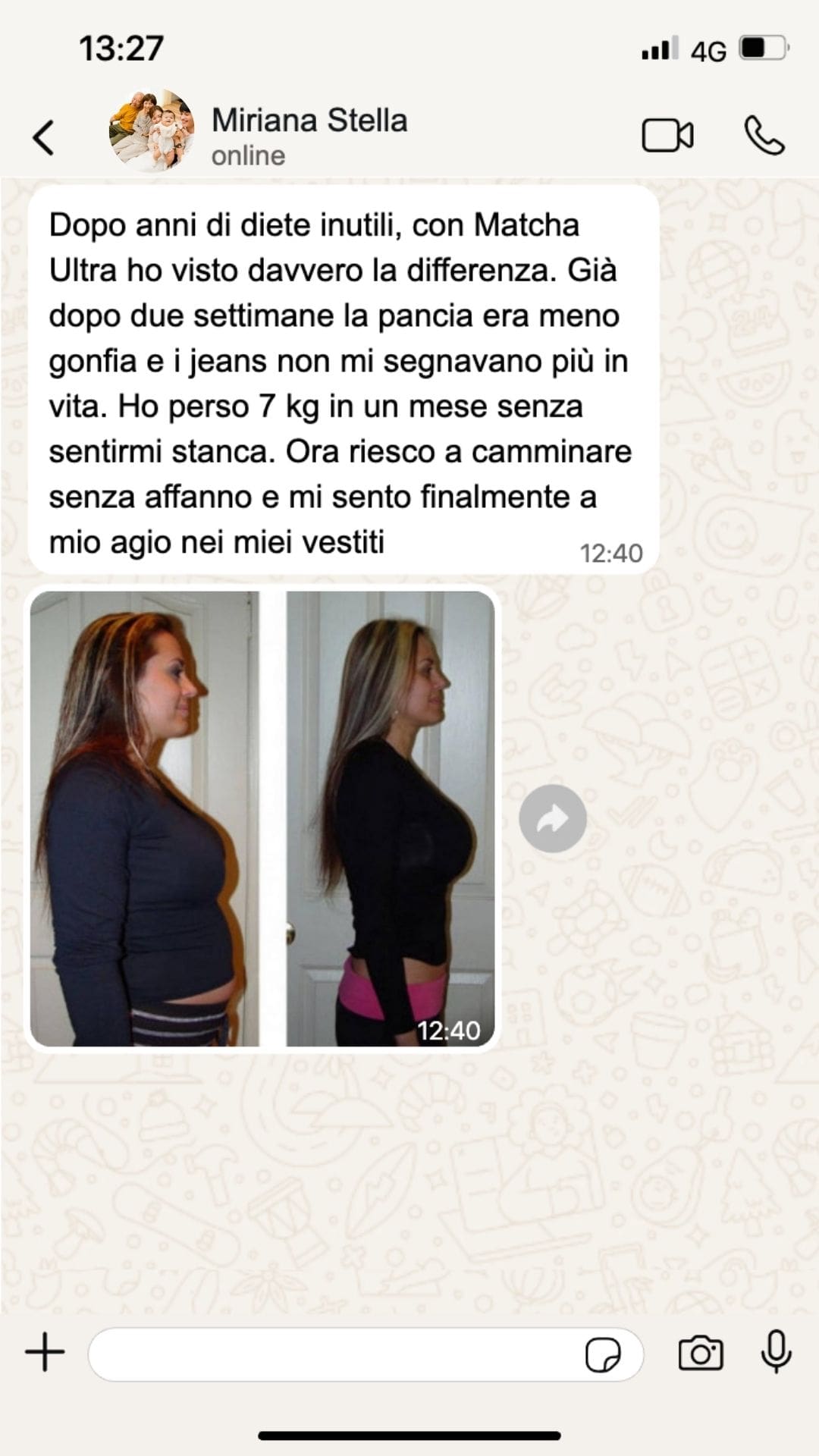 Prima e dopo la perdita di peso con tè Matcha Ultra.