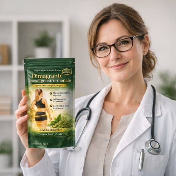 Donna in camice medico con integratore dimagrante contro il grasso.