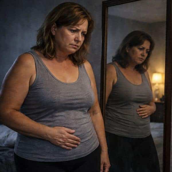 Donna in pensiero davanti allo specchio, riflesso nel vetro.