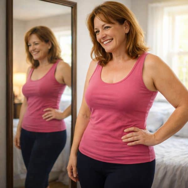 Donna sorridente in abbigliamento casual davanti a uno specchio.