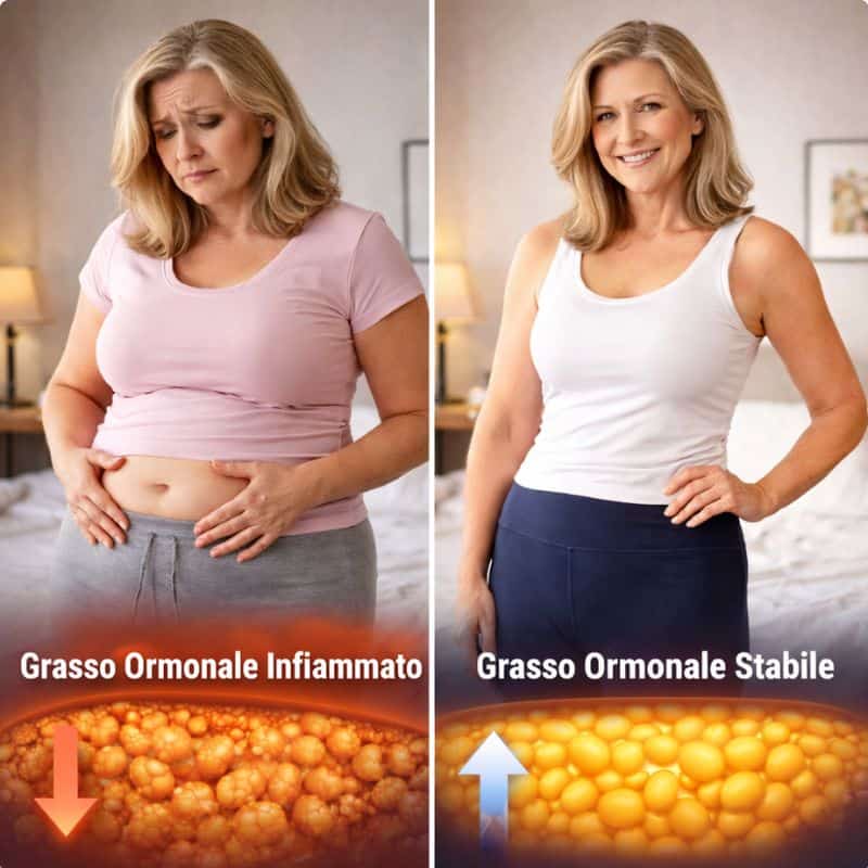 Donna prima e dopo l'uso di tè matcha ultra 1x, perdita di grasso.