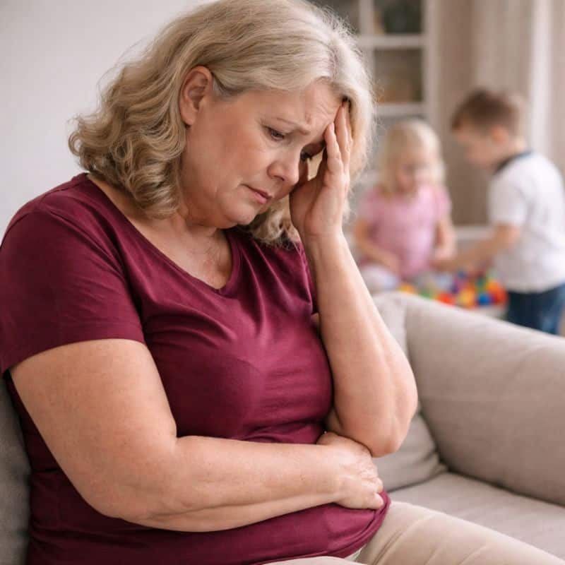 Donna preoccupata con mal di testa in soggiorno con bambini sullo sfondo.
