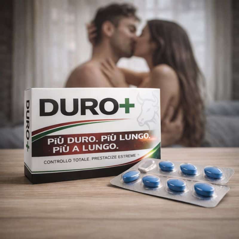Integratore Duro+ con compresse blu e confezione in primo piano.