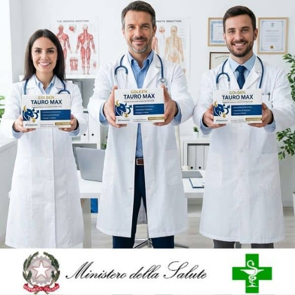 Tre medici in camice con il prodotto GOLDEN TAURO MAX 2x1.