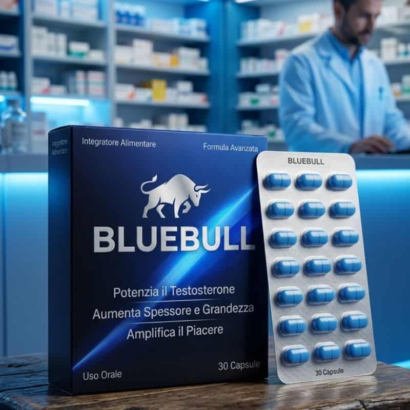 Integratore BlueBull con 30 capsule per aumentare testosterone e benessere.