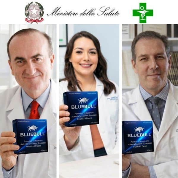 Medici e farmacisti mostrano il prodotto BlueBull per la salute.