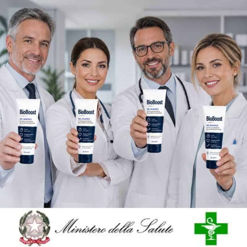Gruppo di medici con prodotti BioBoost per il benessere.
