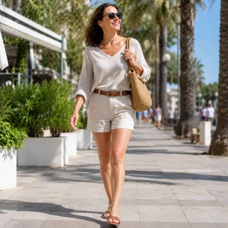 Donna sorridente in abbigliamento estivo con occhiali da sole e borsa sulla passeggiata.