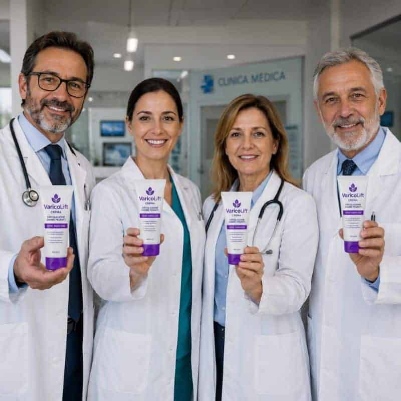 Medici sorridenti con prodotti VaricoLift in clinica medica.