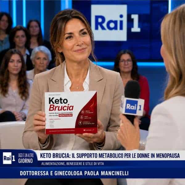 Donna in TV promuove Keto Brucia per menopausa e metabolismo.