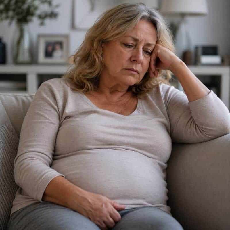 Donna anziana con malessere menopausale, seduta sul divano in casa.