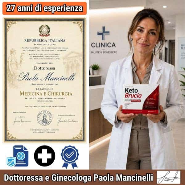 Dottoressa Paola Mancinelli con prodotto Keto Brucia in clinica.