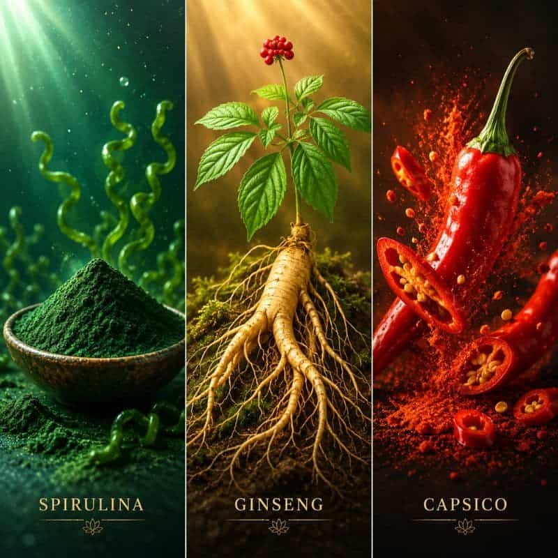 Spirulina, Ginseng e Capsico per salute.