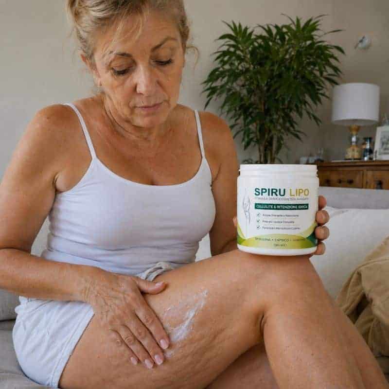 Donna che applica crema su gamba con integratore Spiru Lipo in mano.