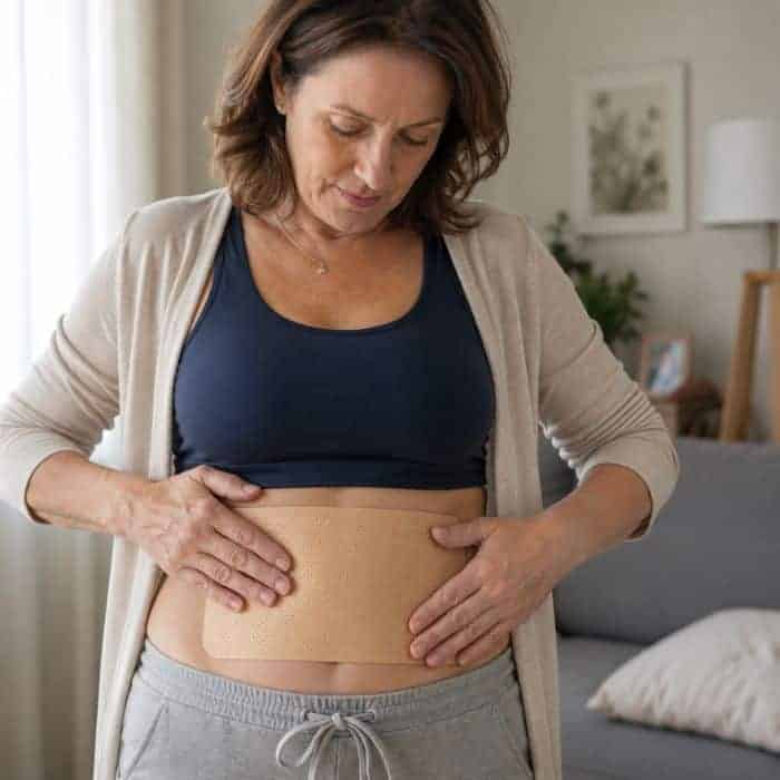 Donna che applica un cerotto naturale sulla pancia per il benessere digestivo.