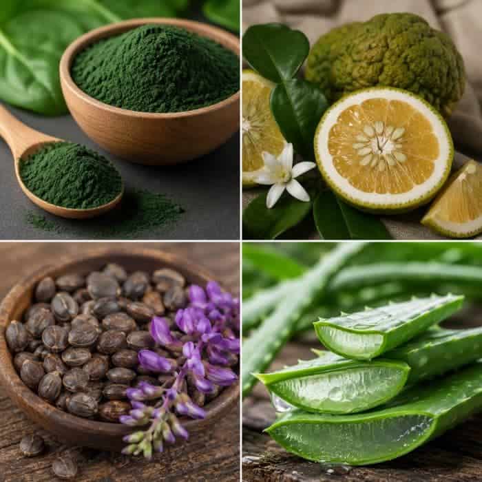 Polvere di spirulina, limoni, aloe vera e semi di chia, superfood naturali.
