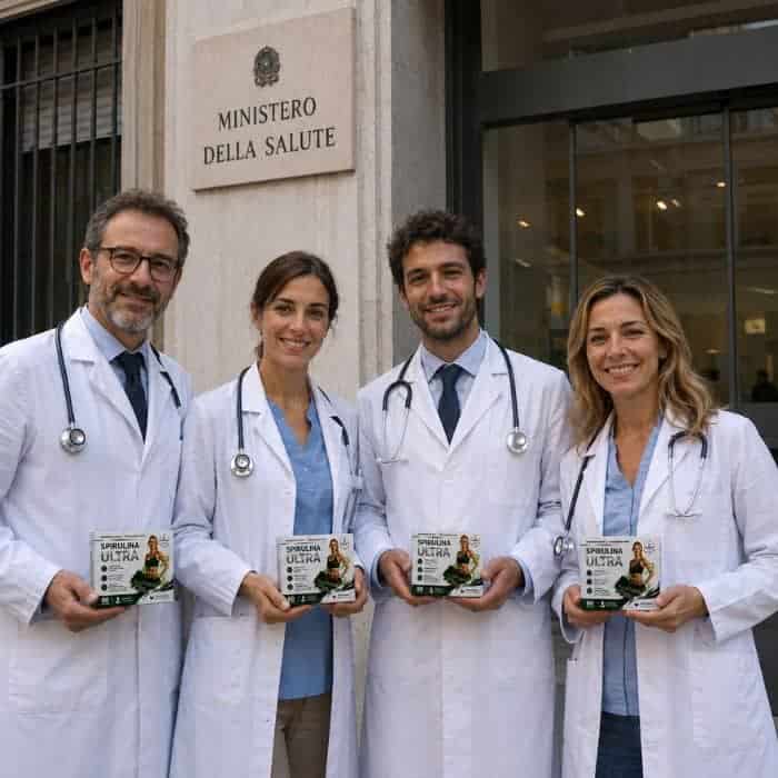Medici con prodotti Spirulina Ultra davanti al Ministero della Salute.