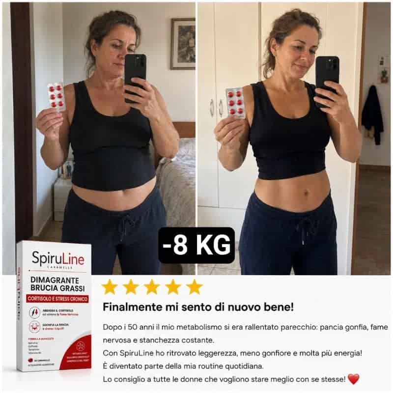 Donna felice con perdita di peso di 8 kg usando SpiruLine.