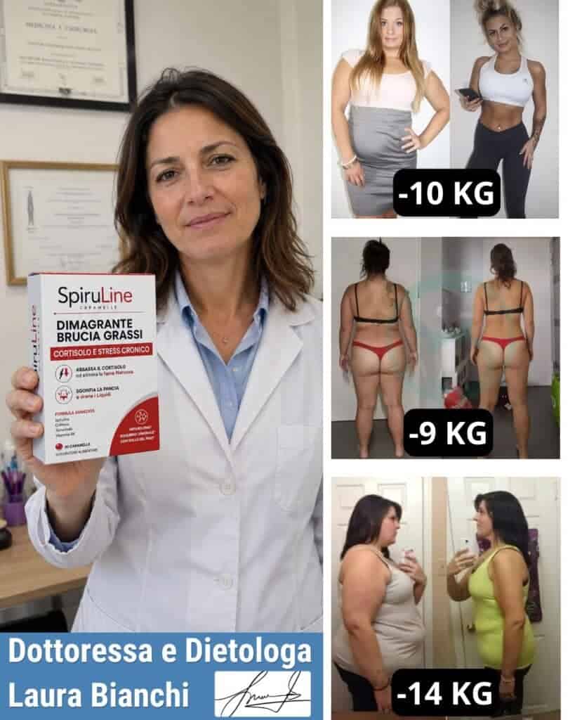 Dottoressa con prodotto SpiruLine e immagini di perdita di peso.