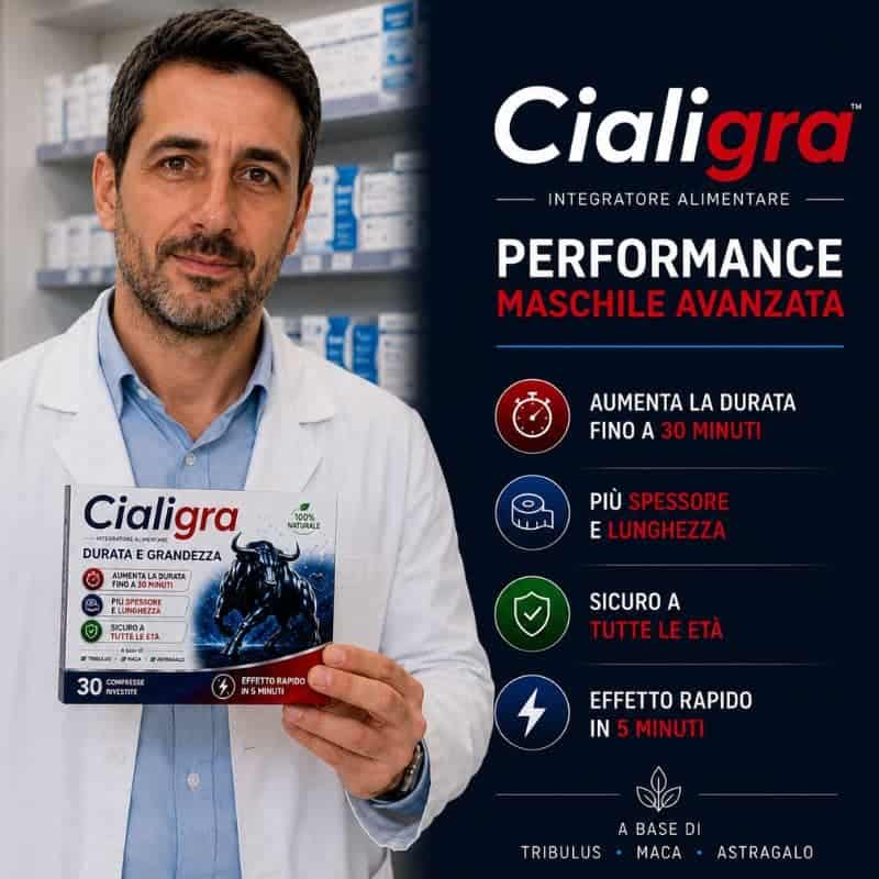 Uomo con confezione di CialiGra 4x1, integratore per performance maschile.