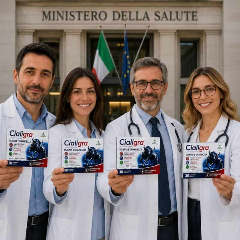 Gruppo di medici con farmaci Cialigra davanti al Ministero della Salute.